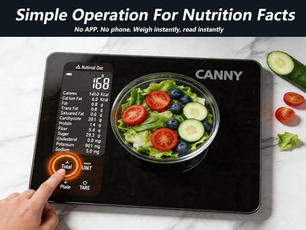 kitchen scale with nutritional data